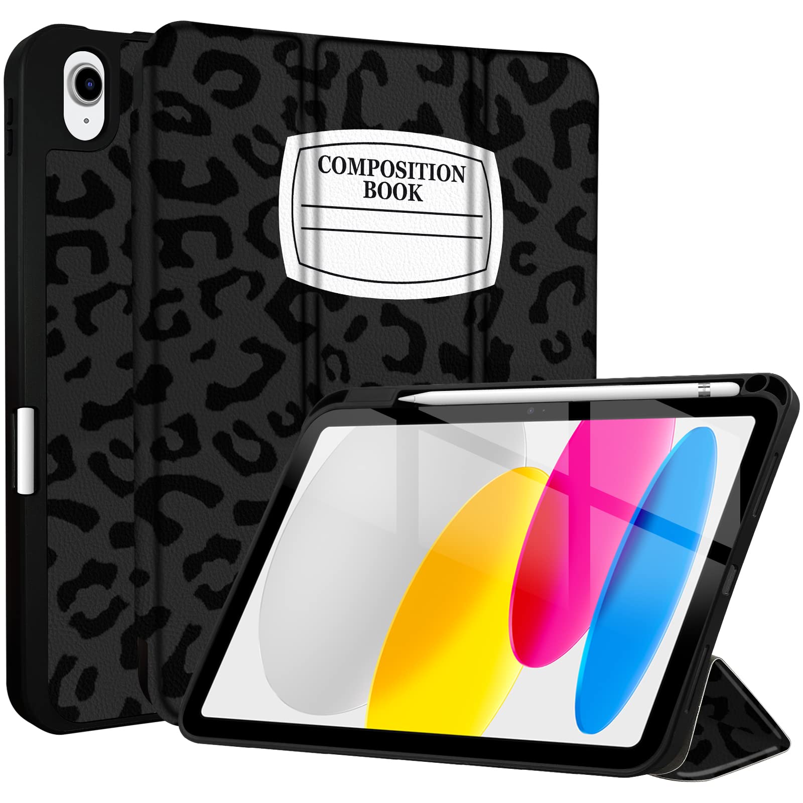 TopPerfekt iPad 10th Generation Case 2022 10.9 inch 2022 A2757 A2777, TPU Shockproof Frame and Protective Leather Cover [Built-in Pencil Holder, Support Auto Sleep/Wake] Black Leopard