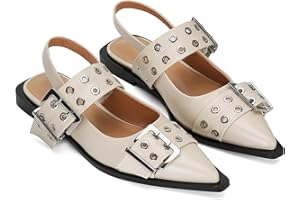 Dsevht Buckle Ballet Flats for Women Pointed toe Slingback Mary Janes Flats Wide Welt Ballerina Flats Shoes with Straps