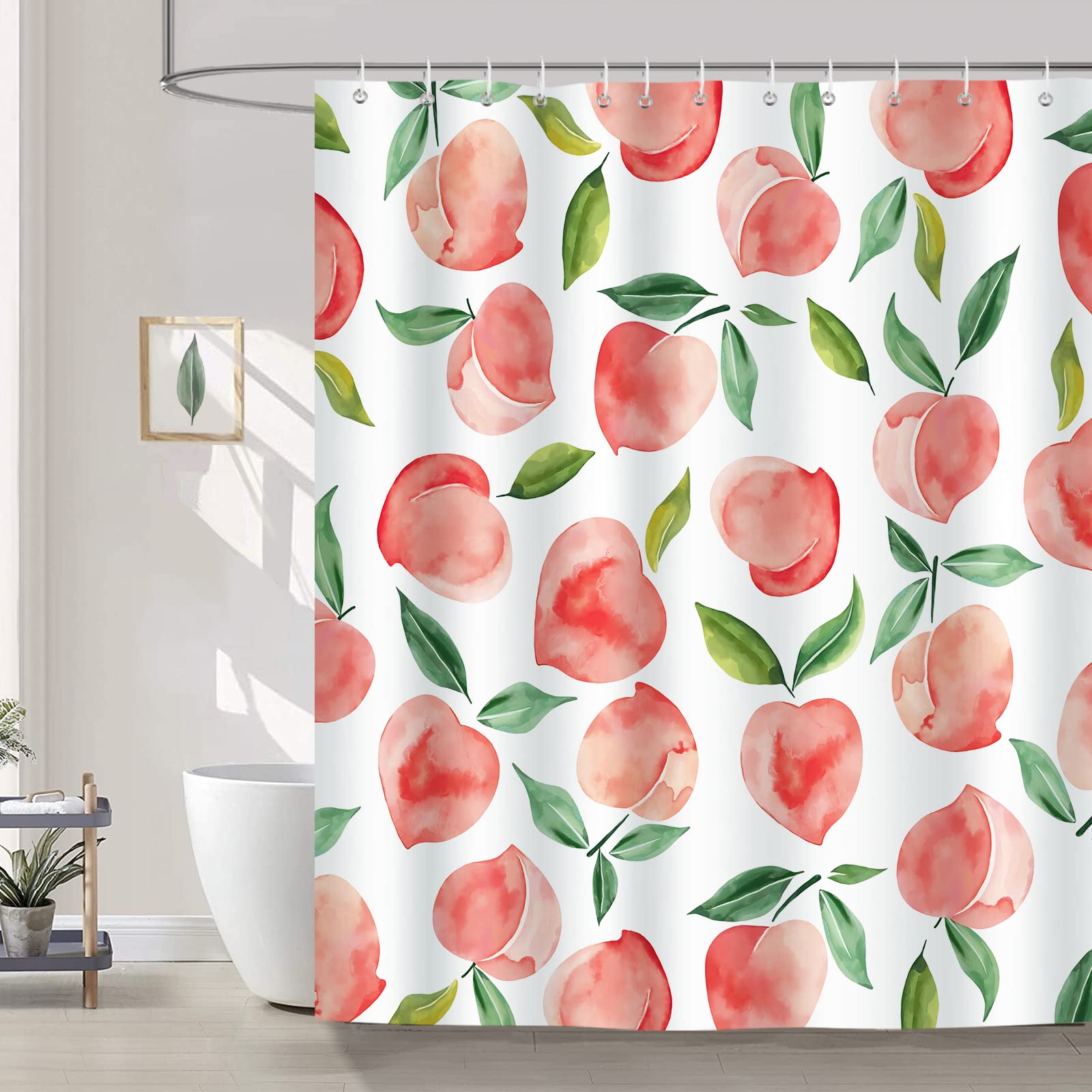 Bonhause Pink Peach Shower Curtain 180 x 180 cm Fresh Summer Fruits Bathroom Curtain Waterproof Mildew & Mould Resistant Polyester Fabric Bath Curtain with 12 Hooks