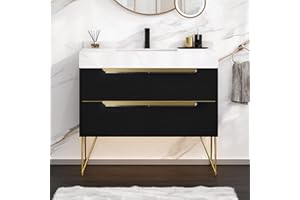 DWVO 36 Inch Bathroom Vanity with Sink, Black Bathroom Cabinet with White Sintered Stone, Bathroom Sink Vanity, 4 Drawers Soft Close System & 4 Metal Legs