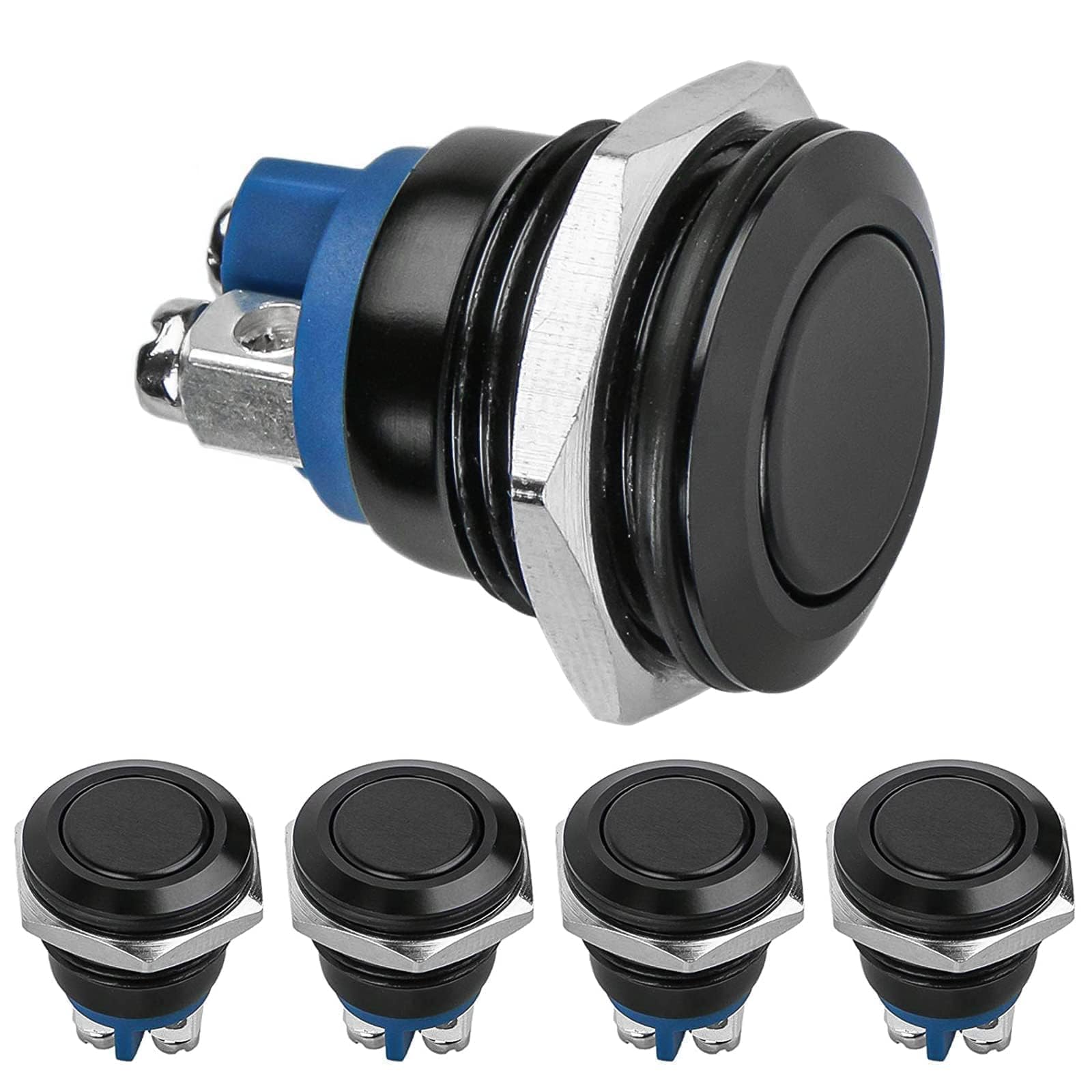 Linkstyle 5Pcs 16mm Momentary Push Button Switch, 12V Metal Screw Terminal Button Switches, Mini Round Switch with Black Shell for Car RV Truck