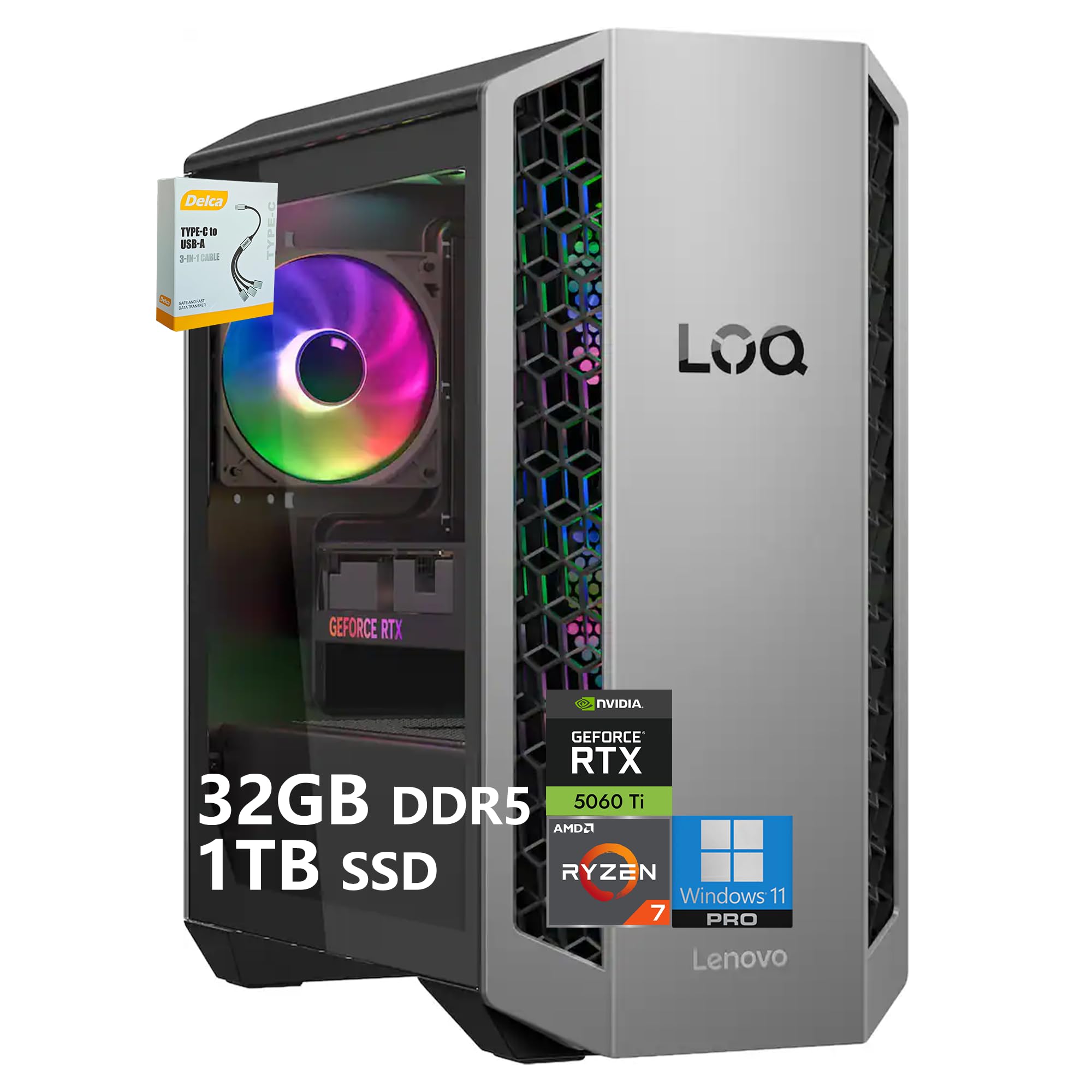 Lenovo LOQ Tower Gaming Desktop | AMD 8-Core Ryzen 7 8745HX | 32GB DDR5 1TB SSD | NVIDIA GeForce RTX 5060 Ti DLSS 4 (Up to 759 AI Tops) | Type-C Wi-Fi 6 Win11 Pro w/DLCA Accessory