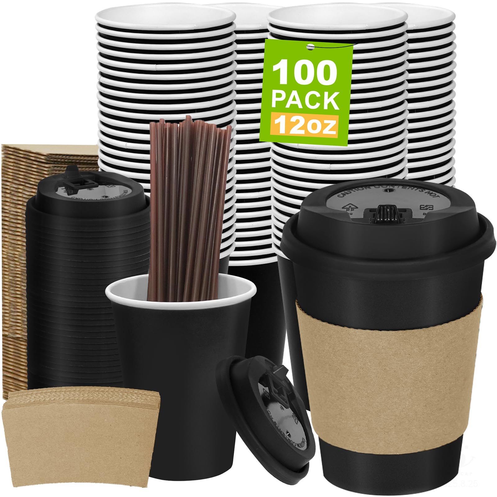 Coolcap 100 Pack 12 oz Disposable Coffee Cups with Lids and Sleeves, Leak-Proof To Go Coffee Cups, PLA Black Paper Coffee Cups for Hot Beverage Image