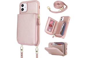 Hamany Crossbody Phone Case for iPhone 11 Case with Strap for Women iPhone 11 Wallet Case with Card Holder Flip Folio Leather Zipper Cover with Credit Holder-Rose Gold