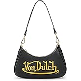Von Dutch Womens Classic Shoulder Bag – Stylish Handbag with Adjustable Strap, Spacious Interior, and Iconic Logo Design (Black and Gold)