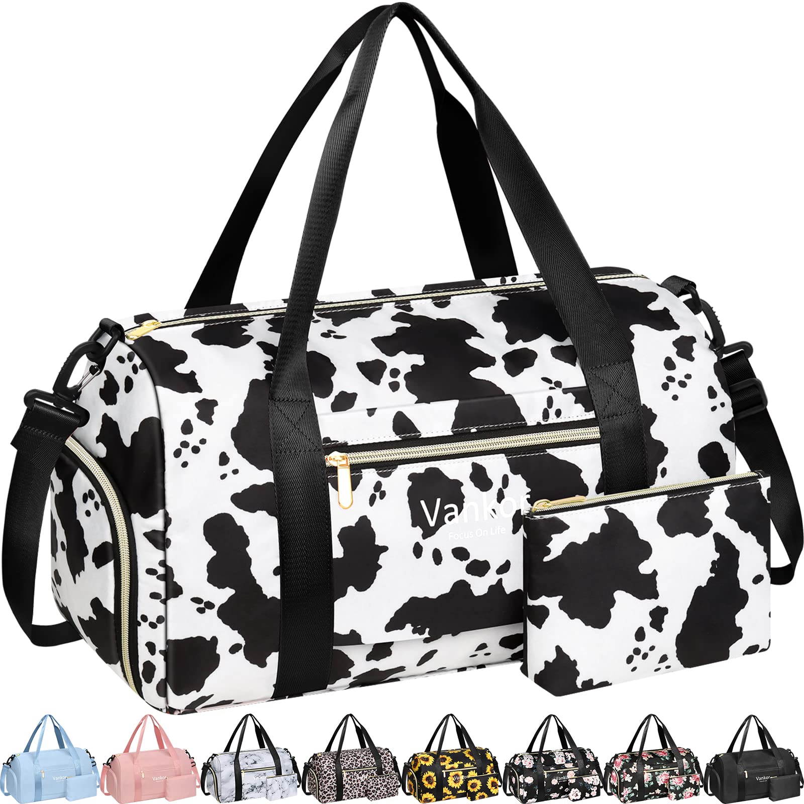 Vankor Gym Bag for Women with Shoe Compartment Waterproof, Sports Duffle Bag for Travel Duffel Weekender Carry on Beach Yoga Overnight Luggage Mommy Maternity Hospital Bag Cow Print 17.5 Inch