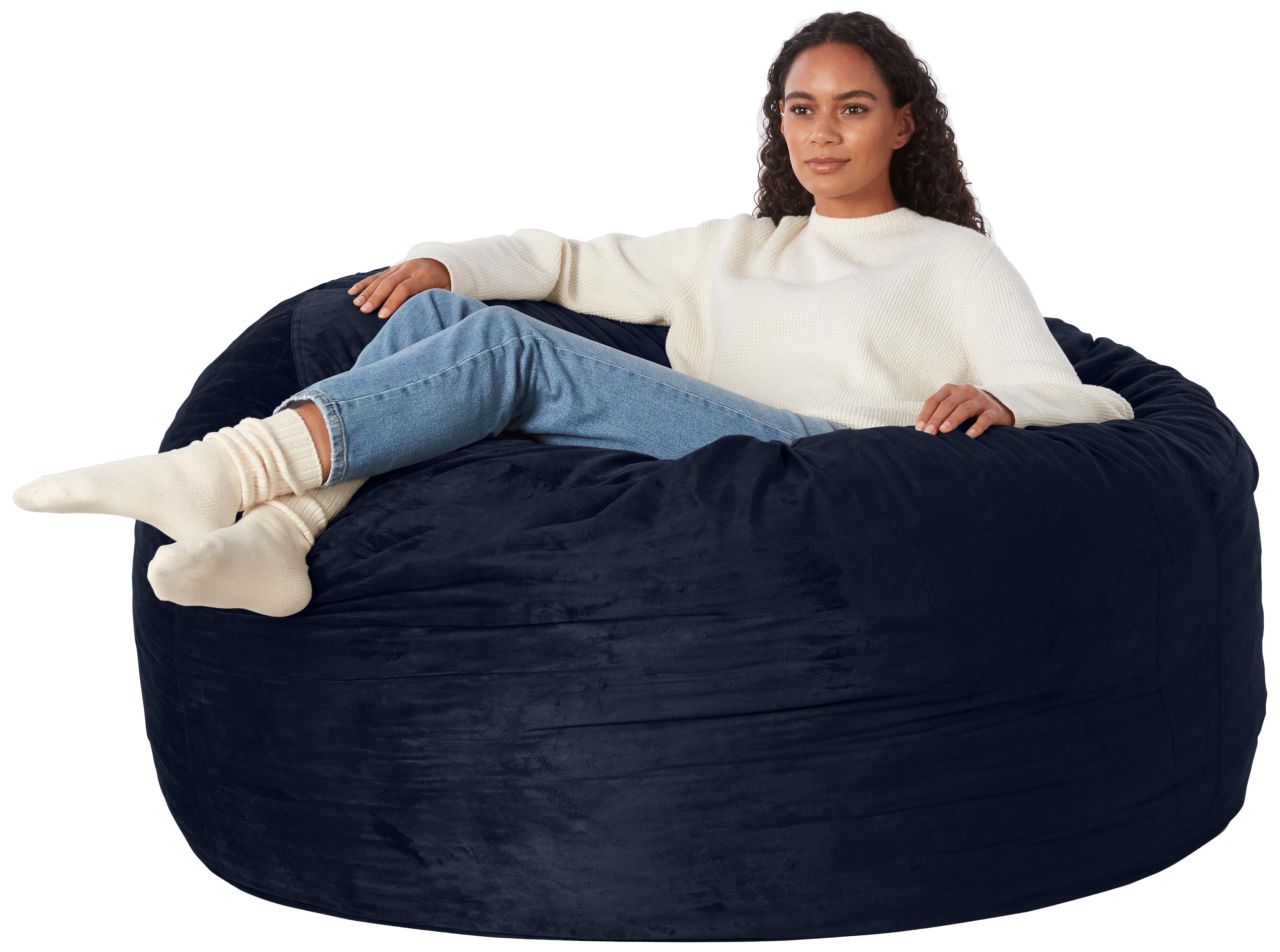 Photo 1 of *Dirty* Amazon Basics Large Bean Bag Chair for Adults, 5 ft Memory Foam Filled with Solid Microfiber Cover, Blue, for Living Room, Bedroom, Dorm, Reading Chair