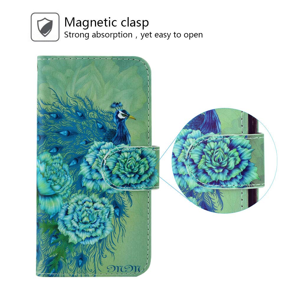 Urbeutyke Huawei Mate 20 Wallet Case, Huawei Mate 20 Case, Premium PU Leather Flip Folio Case Cover with Wrist Strap, Card Holder, Cash Pocket, Kickstand for Huawei Mate 20 - Green Peacock