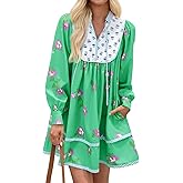 Wenrine Womens Casual Floral Mini Dress 2025 Fall Long Sleeve V Neck Patchwork Loose Boho Shirt Dresses