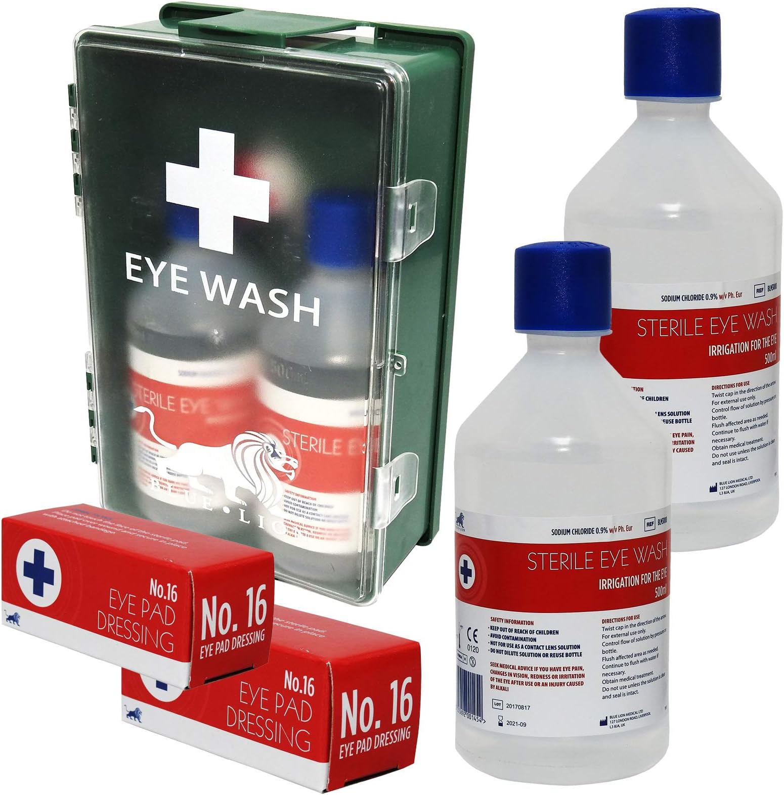 Blue Lion Large Workplace First Aid Eye Wash Care Case Station Wall Mountable Kit + 2 Additional 500ml Bottles + 2 Extra No.16 Eye Pad Dressings