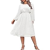 IN'VOLAND Women's Plus Size Swiss Dot Long Sleeve Chiffon Dress Flowy High Waist A Line Ruffle Babydoll Midi Dresses 16W-24W
