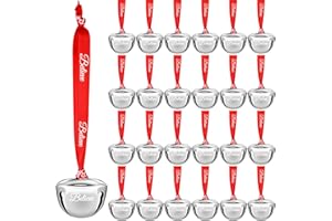 Wiyodaho 24 Pcs Christmas Believe Bell Ornaments 1.5 Inch Polar Santa Sleigh Jingle Bells with Believe Ribbon Christmas Tree Decorations for Xmas Decor (Silver Color, 24)