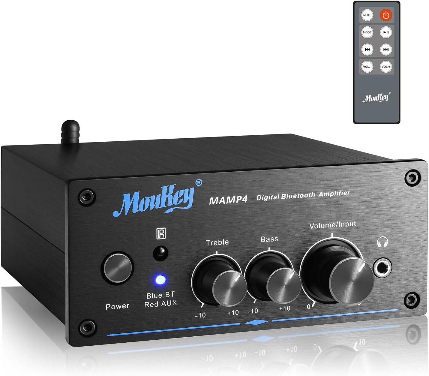 Moukey Bluetooth 5.0 Stereo Audio Amplifier Receiver - 2 Channel, Mini Hi-Fi Class D Integrated Amp 2.0 CH for Home Speakers 100W x 2 with Bass, Treble Remote Control, Power Supply, Monitoring - MAMP4