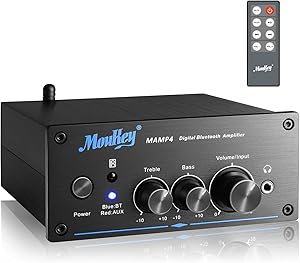 Moukey Bluetooth 5.0 Stereo Audio Amplifier Receiver - 2 Channel, Mini Hi-Fi Class D Integrated Amp 2.0 CH for Home Speakers 100W x 2 with Bass, Treble Remote Control, Power Supply, Monitoring - MAMP4