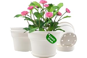 POTTIFFE 11 Inch Plastic-Flower-Pot-for-Indoor-Plants, 4 Pack Large Outdoor Planter Pot with Drainage Holes & Saucers, Resin Decorative Garden Pots Planters