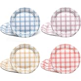Tioncy 40 Pieces Gingham Cake Dessert Paper Plates 9 Inch Pastel Round Picnic Paper Plates Disposable Checkered Dinnerware Tableware for Picnic Wedding Birthdays Baby Shower Camping Party 4 Colors