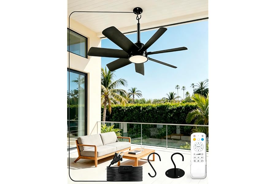 28 Inch Plug-In Outdoor Ceiling Fan with Lights and Remote, LED Gazebo Hanging Fan with Hook, 3CCT 3000K-6500K Dimmable Gazebo Fan, 6-Speed Quiet Ceiling Fan with Timer for Patio, Porch, Garage, Black