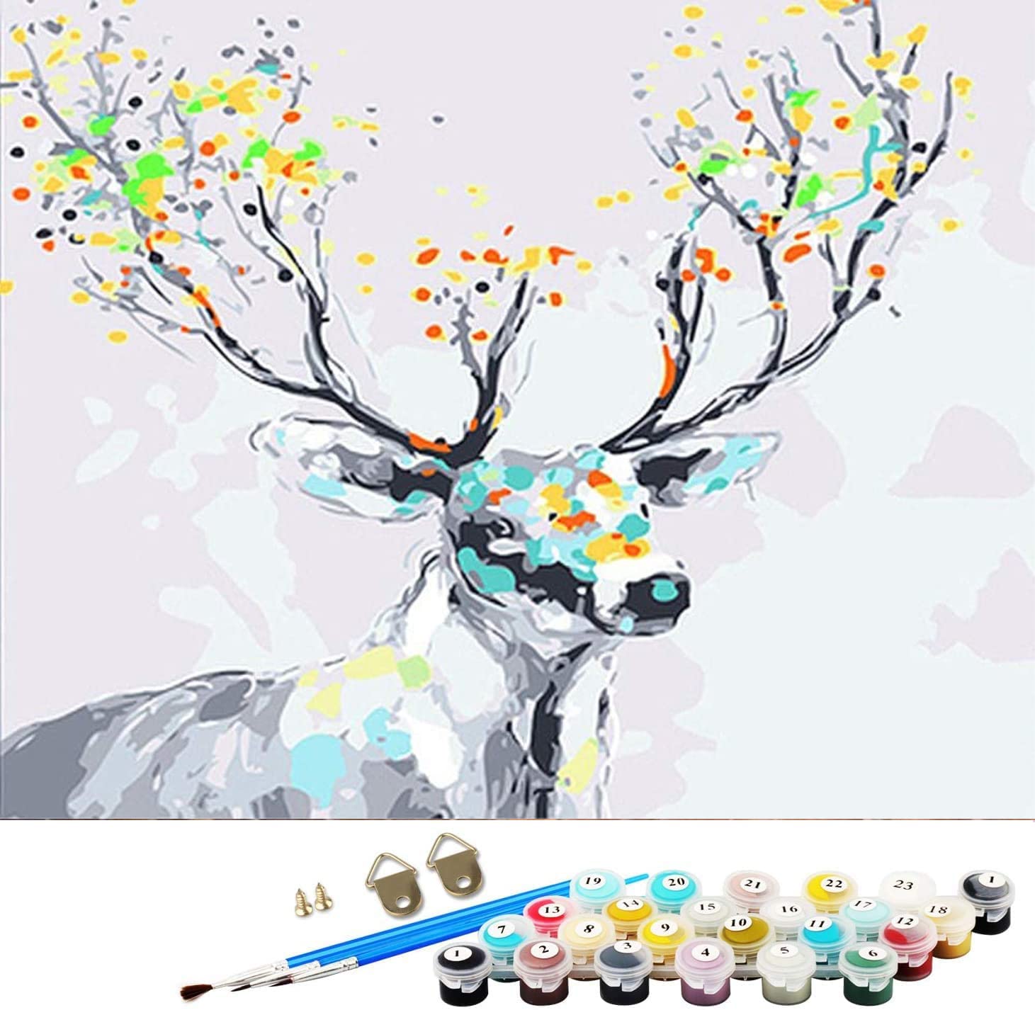 ABEUTY Paint by Numbers Kits Deer Colorful with Frame, DIY Number Painting Canvas Wall Art 40x50cm (Wooden Framed, Deer)