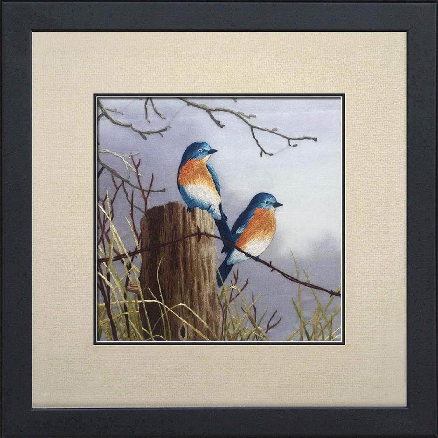SpecialArt Handmade Silk Art Embroidery Wall Hanging Painting with Black Frame Gift for Kids Room Decor (18：Two Birds on Tree Stump)