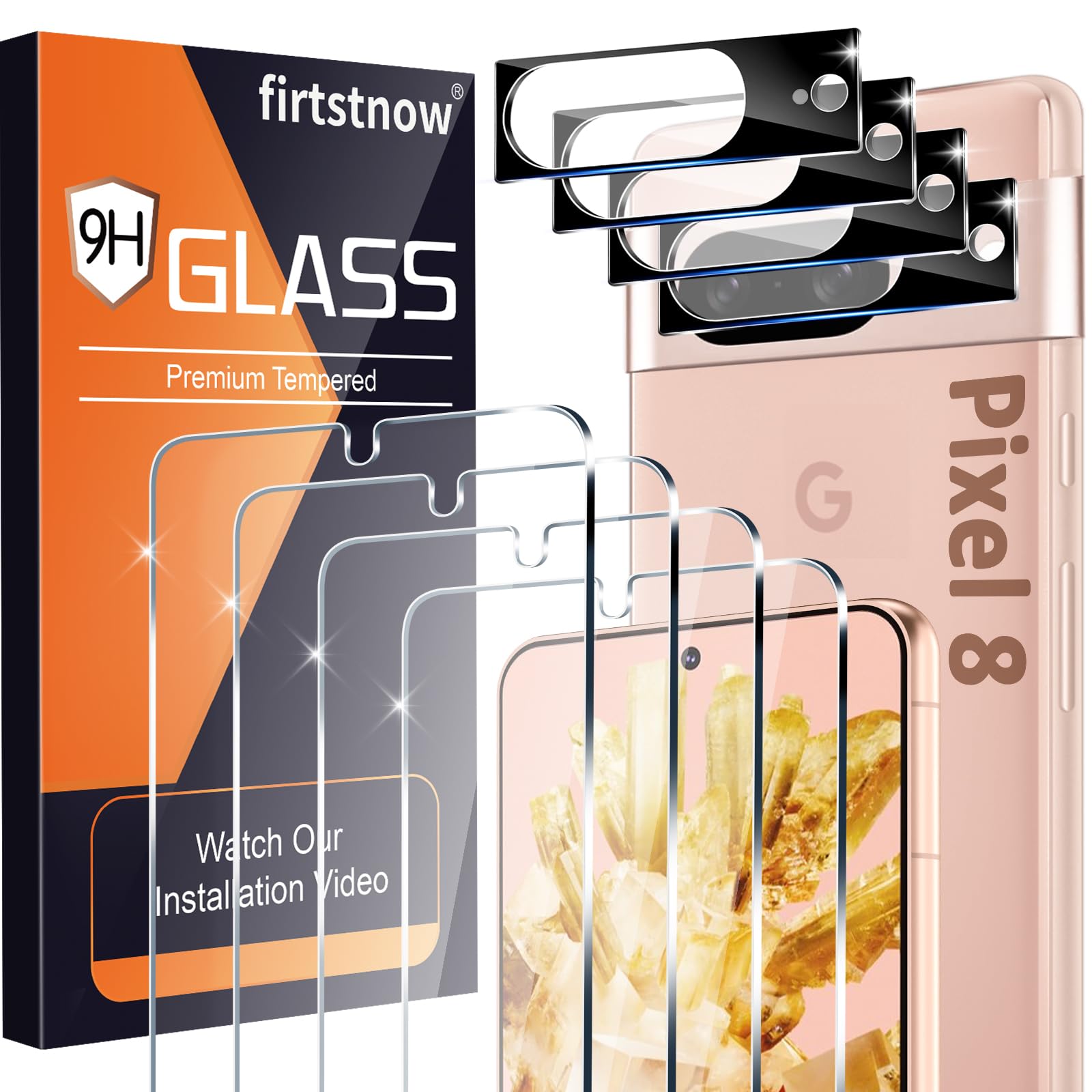 Photo 1 of firtstnow 4 Pack Glass Screen Protector for Google Pixel 8 [6.17 inch] + 4 Pack Camera Lens Protector, 9H Tempered Glass, Fingerprint Unlock, HD Clear Case Friendly Anti-Scratch