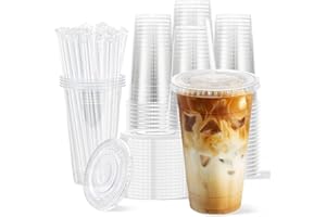 Clawsoff 100 Pack 20 oz Disposable Clear Plastic Cups with Lids and Straws, Leak-Proof Sturdy Cold Drink Cups for Iced Coffee