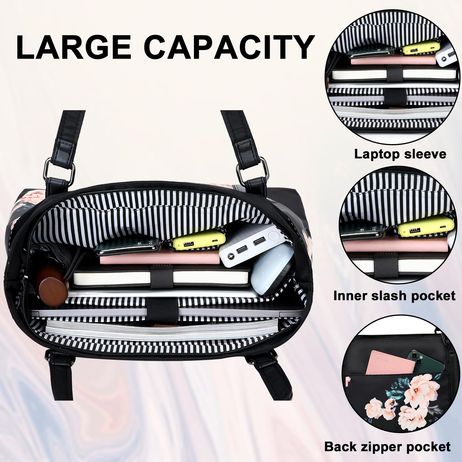 Laptop Tote Bag Womens Work Bags Purse Floral Teacher Handbag Shoulder Bag fit 15.6 in Laptop (Black - Peony Floral)