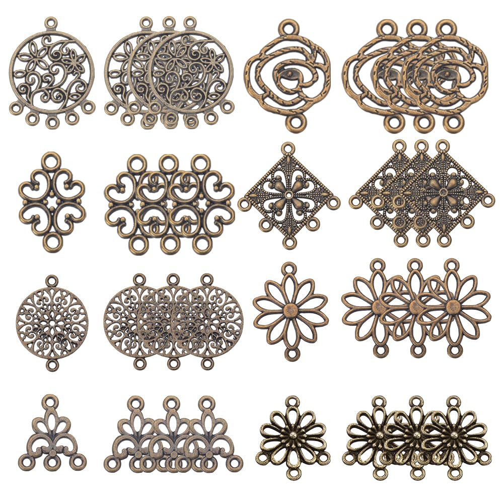 SUNNYCLUE 1 Box 80Pcs Flower Connectors Chandelier Earring Charms Flower Connector Charms Chandelier Charm Bulk Filigree Connectors Tibet Style Link Charm for jewellery Making DIY Bohemian Earrings