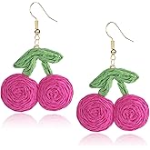 QLYOVWE Raffia Sweety Cherry Earrings for Women Handmade Rattan Dangle Earring Light Weight Fruits Earrings Summer Tropical Beach Vacation Jewelry