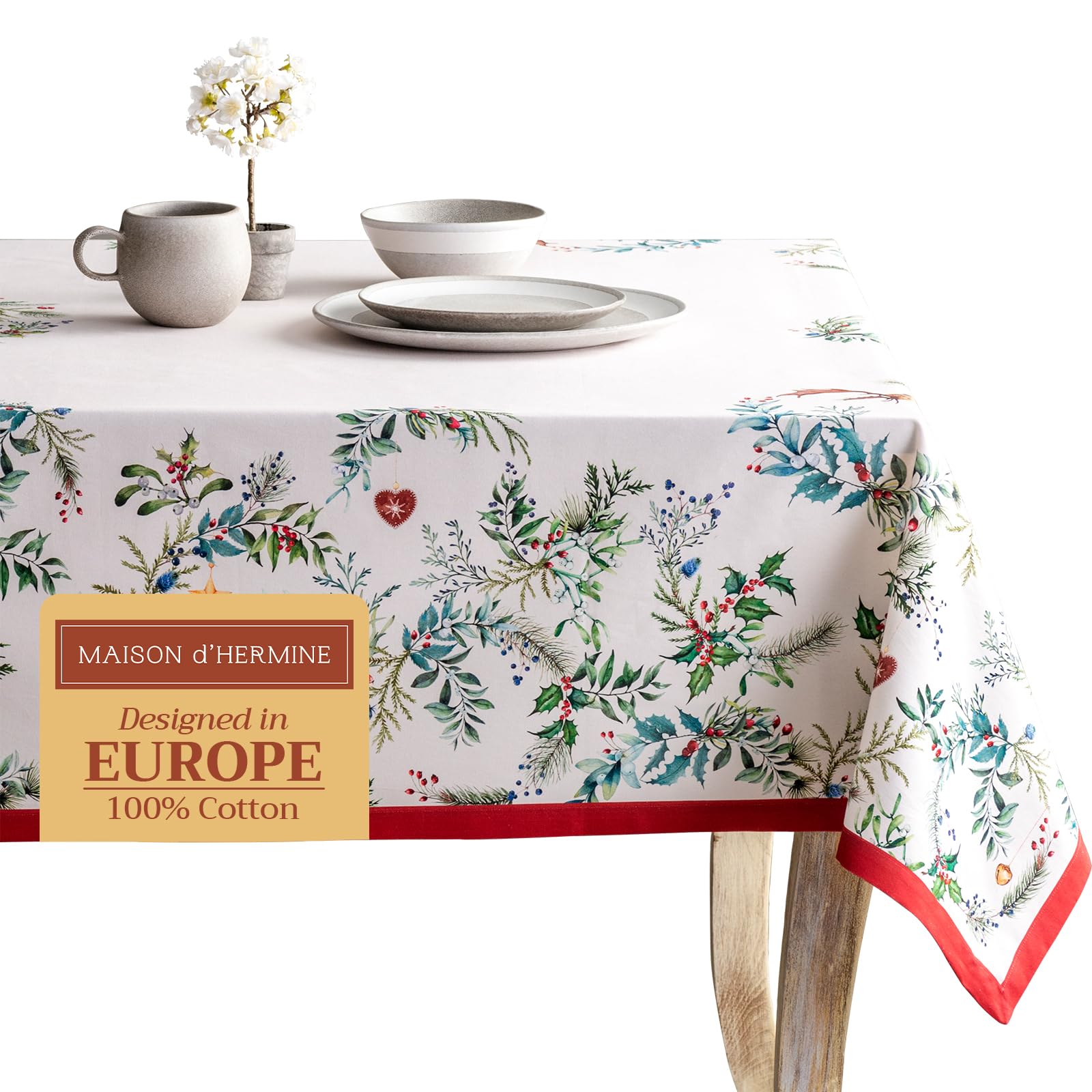 Maison d' Hermine Table Cloth Rectangle Table 100% Cotton 180 cm x 140 cm Tablecloth Reusable Everyday Use for Christmas Decorations Dining Farmhouse Home Party Festive (Holly Time)