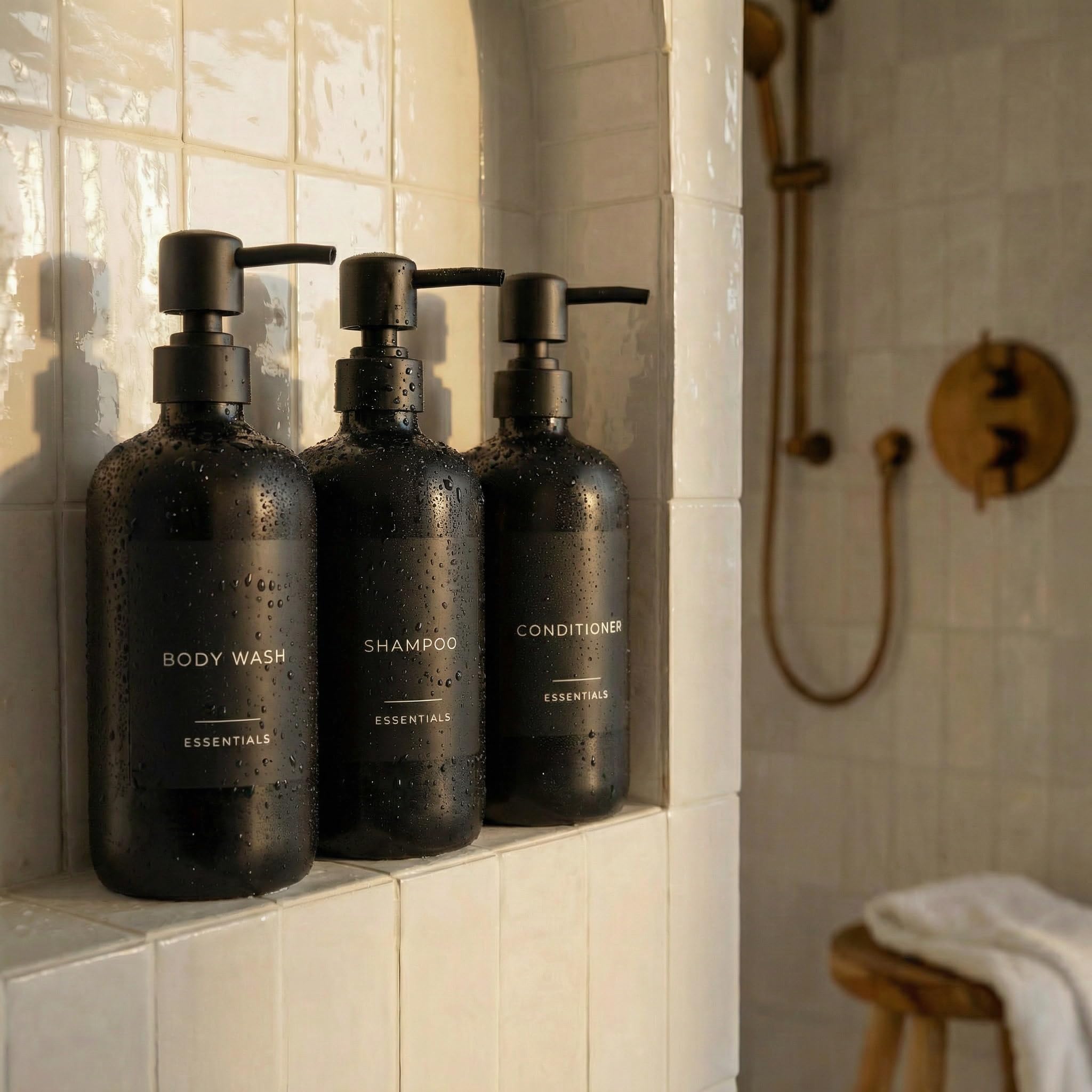 Stylish Shampoo and Conditioner Dispenser Set of 3 - Modern 21oz Shower Soap Bottles with Pump and Labels - Easy to Refill Body Wash Dispensers for an Instant Bathroom Decor Upgrade - Black