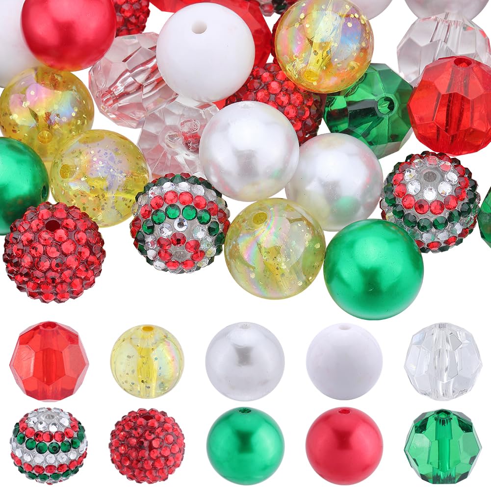SUNNYCLUE 50Pcs 10 Styles Christmas Bubblegum Beads Bulk Pen Beads Rhinestone Acrylic Colorful Chunky Berry Large Round Ball Loose Spacer for Christmas jewellery Pens Craft Decoration Kits