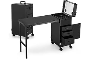 ZhenGuiRu Rolling Manicure Table Foldable Nail Desk 4 Drawers, Makeup Organizer Blueteeth Speaker on Wheels, Travel Makeup Case with LED Mirror TSA Lock for Technician Workstation Salon