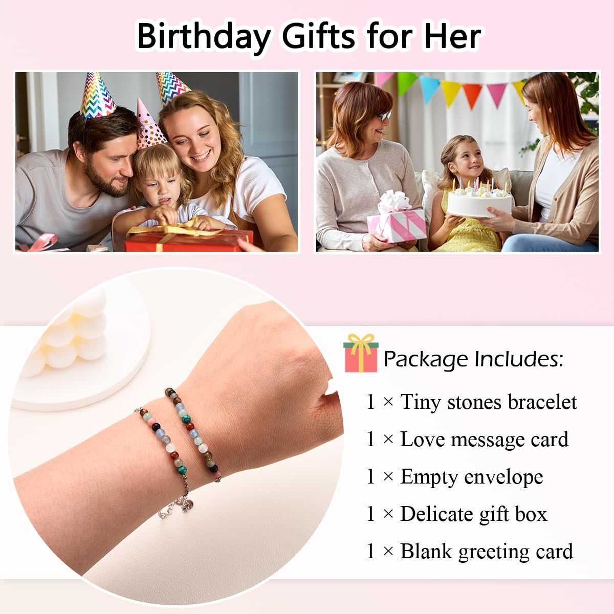 Leyung 6-21 Year Old Birthday Gifts for Girls Women, Tiny Natural Stones Birthday Bracelet Gifts for Daughter Granddaughter Niece with Happy 6th-21st Birthday Card