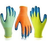 SECHAND Kids Garden Gloves - 3 Pairs in Orange, Yellow & Green - Lightweight, Breathable, Flexible, Rubber Coated Palms