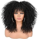 ANNISOUL Curly Wigs for Black Women Afro Bomb Curly Wig with Bangs Synthetic Fiber Glueless Long Kinky Curly Hair Black 16inc