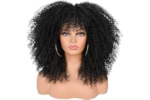 ANNISOUL 16Inch Curly Wigs for Black Women Black Afro Bomb Curly Wig with Bangs Synthetic Fiber Glueless Long Kinky Curly Hair