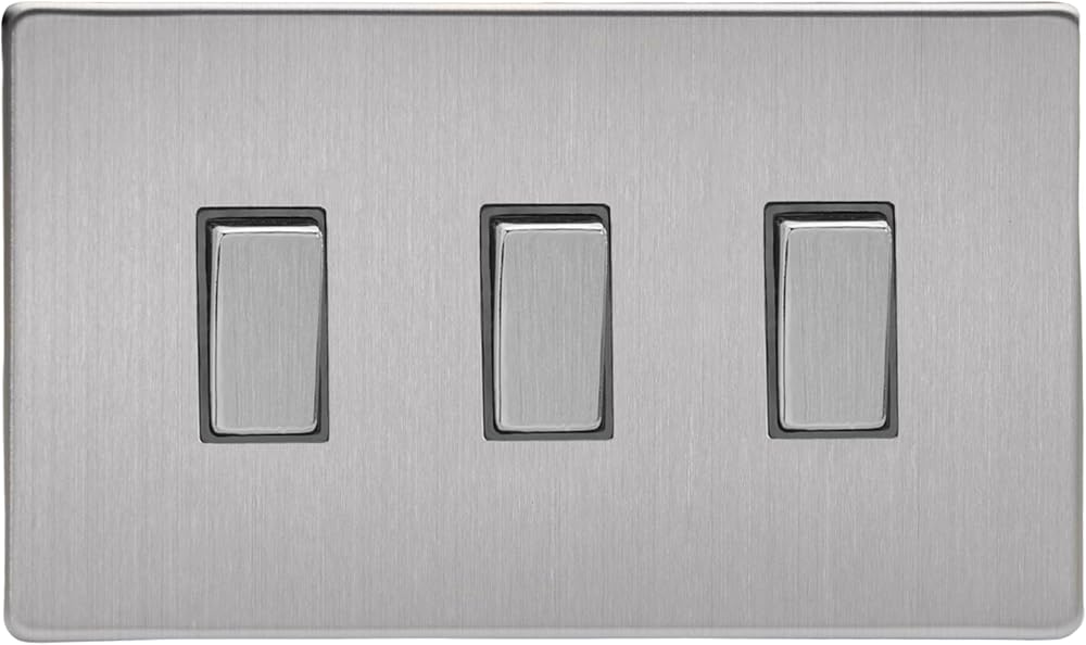 Varilight Triple 2-Way Light Switch Screwless Brushed Steel Twin Plate