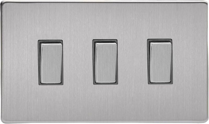 Varilight Triple 2-Way Light Switch Screwless Brushed Steel Twin Plate