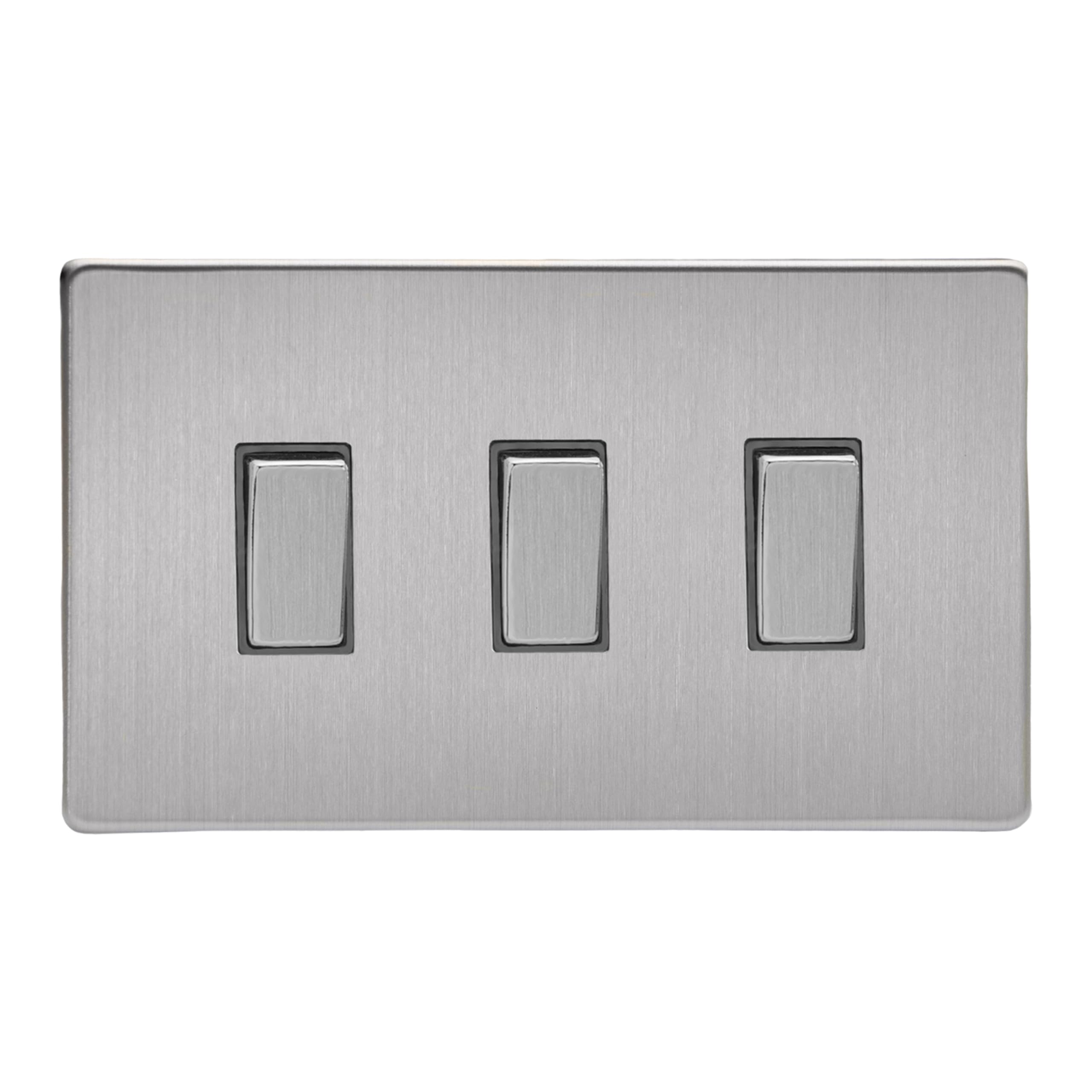 Varilight Triple Light Switch 2-Way Twin Plate - Screwless Brushed Steel With Brushed Steel Rockers