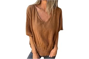 Binmer Womens Short Sleeve Cotton Linen T Shirts 2024 Summer Casual V Neck Tops Solid Color Smocked Hem Tunic Blouse