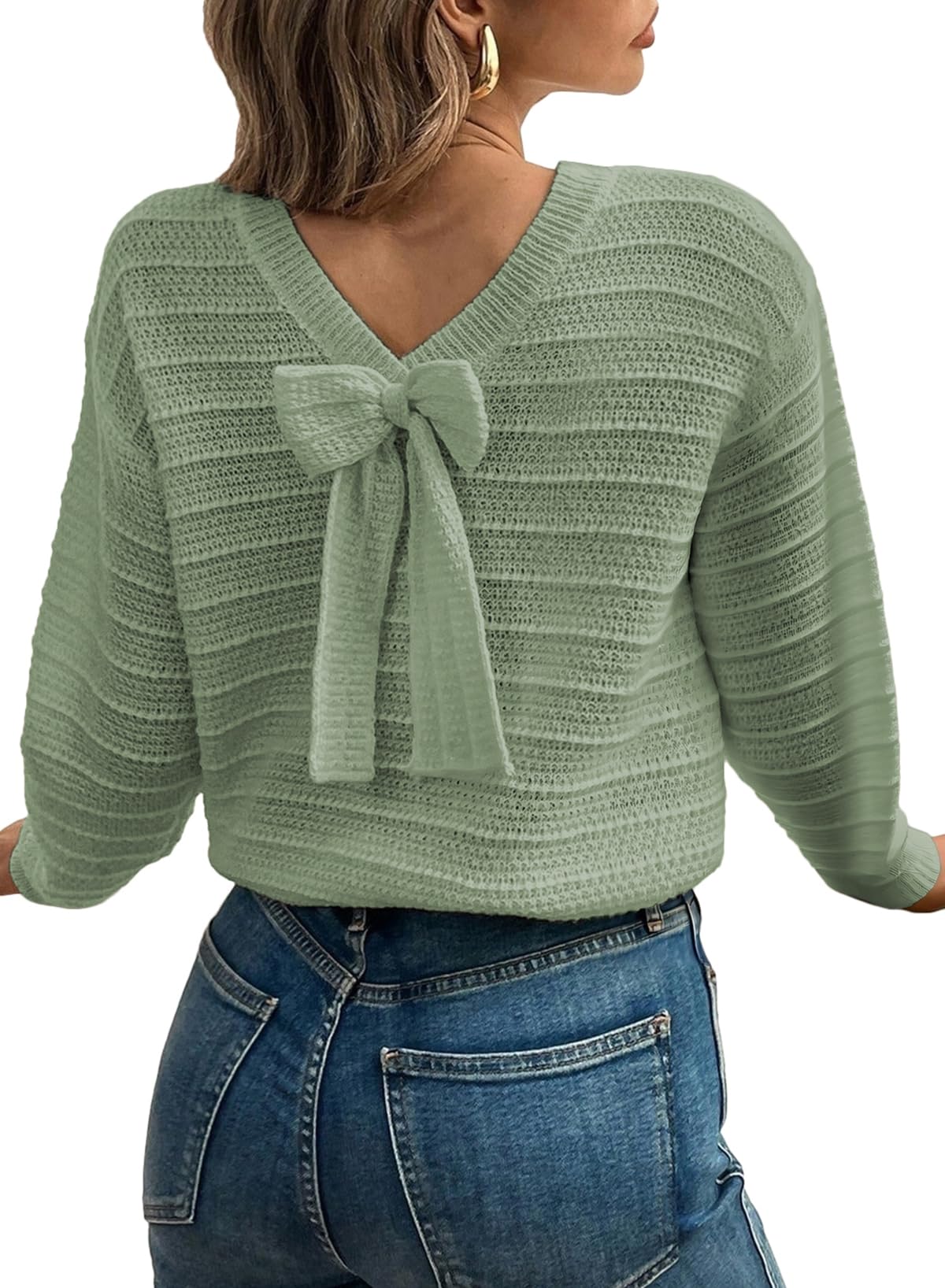 Photo 1 of ***Has Holes*** EVALESS Fall Sweaters for Women Long Sleeve Fashion Outfits 2025 Back Bow Knot Sweaters Round Neck Solid Trendy Cute Clothing Knit Pullover Sweater Tops Green Medium