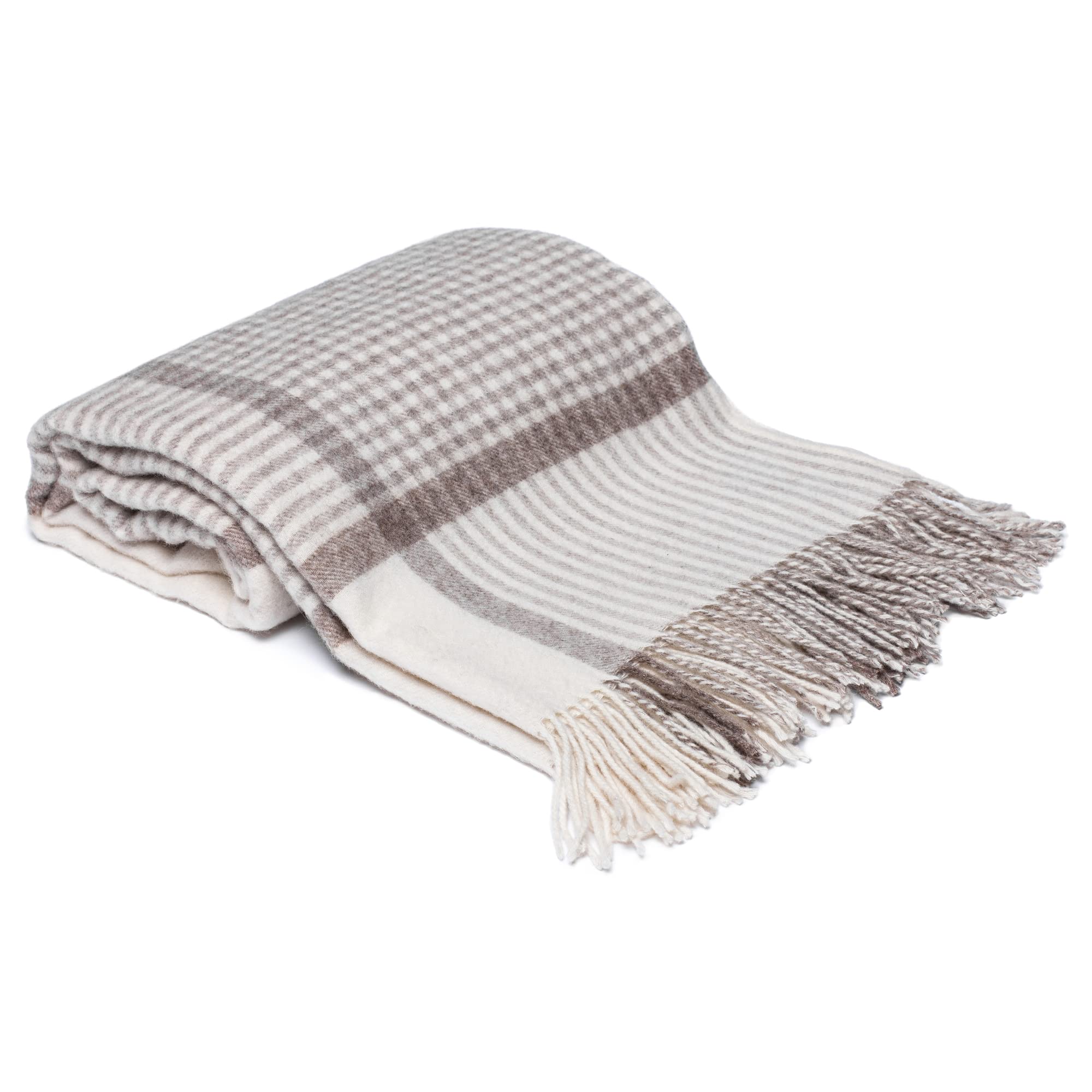 Drobė HOME Wool Blanket Virgin Wool with Fringes, 100% Merino Wool, 140 x 200 cm, White/Brown, Soft, Warm, Minimal Dyes Used, Natural Blanket, Sofa Blanket