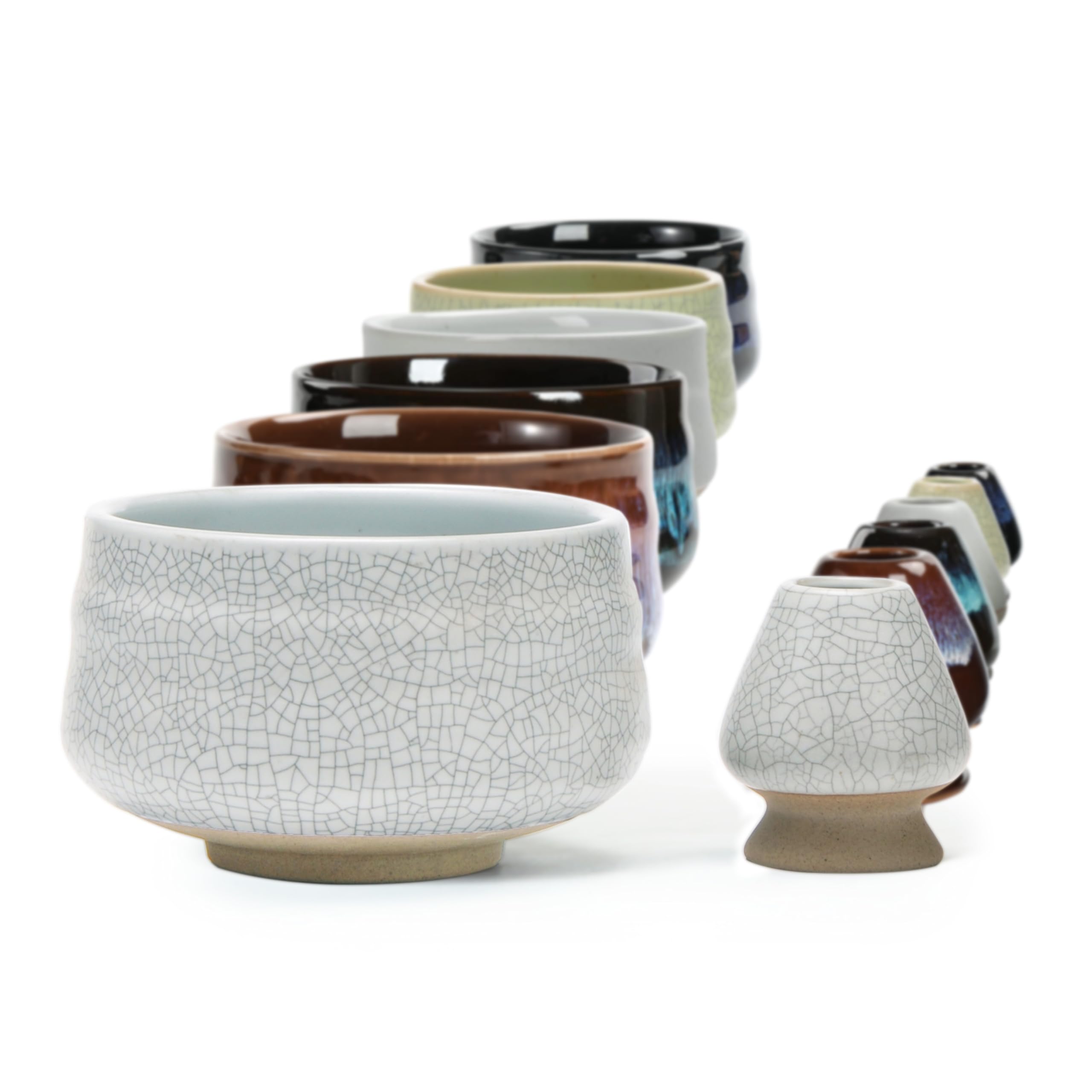 TEANAGOO Matcha Whisk and Bowl & Whisk Holder, Chasen Holder, MB-5, 18OZ / 510 ML, Matte Ivory White with Black Seam, Matcha Bowls Cups Handle Mixing Wisk Stand, Match Sifter Whisker Handmade Brush