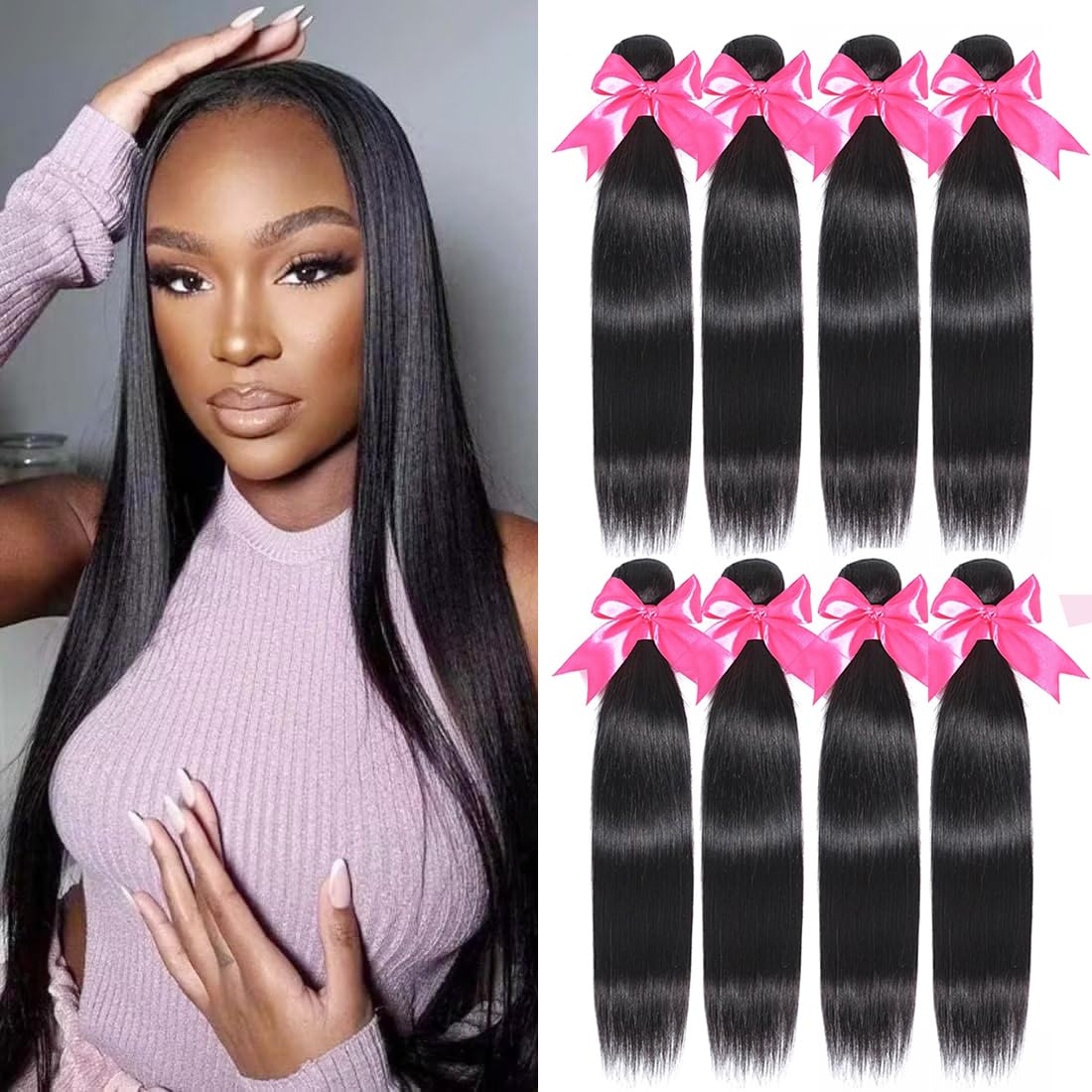 Straight Human Hair Bundles Brazilian Virgin Hair Bundles Long Weave Bundles Human Hair 4 Bundles 16 18 20 22 inch DoubleWeft Natural Black Can be Dyed Total Romface — image 1