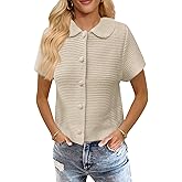 Saodimallsu Womens Short Sleeve Cropped Cardigans Casual Summer Button Down Collared Lightweight Loose Knit Sweater Top