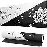 Black and White Japanese Cherry Blossom Gaming Mouse Pad Sakura Death Life Flower Mat 31.5x11.8 Inch Texture Non-Slip Rubber Base Mousepad Stitched Edges Keyboard Desk Pad for Office Home Game