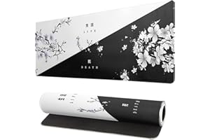 SISKI Black and White Japanese Cherry Blossom Gaming Mouse Pad Sakura Death Life Flower Mat 31.5x11.8 Inch Texture Non-Slip Rubber Base Mousepad Stitched Edges Keyboard Desk Pad for Office Home Game