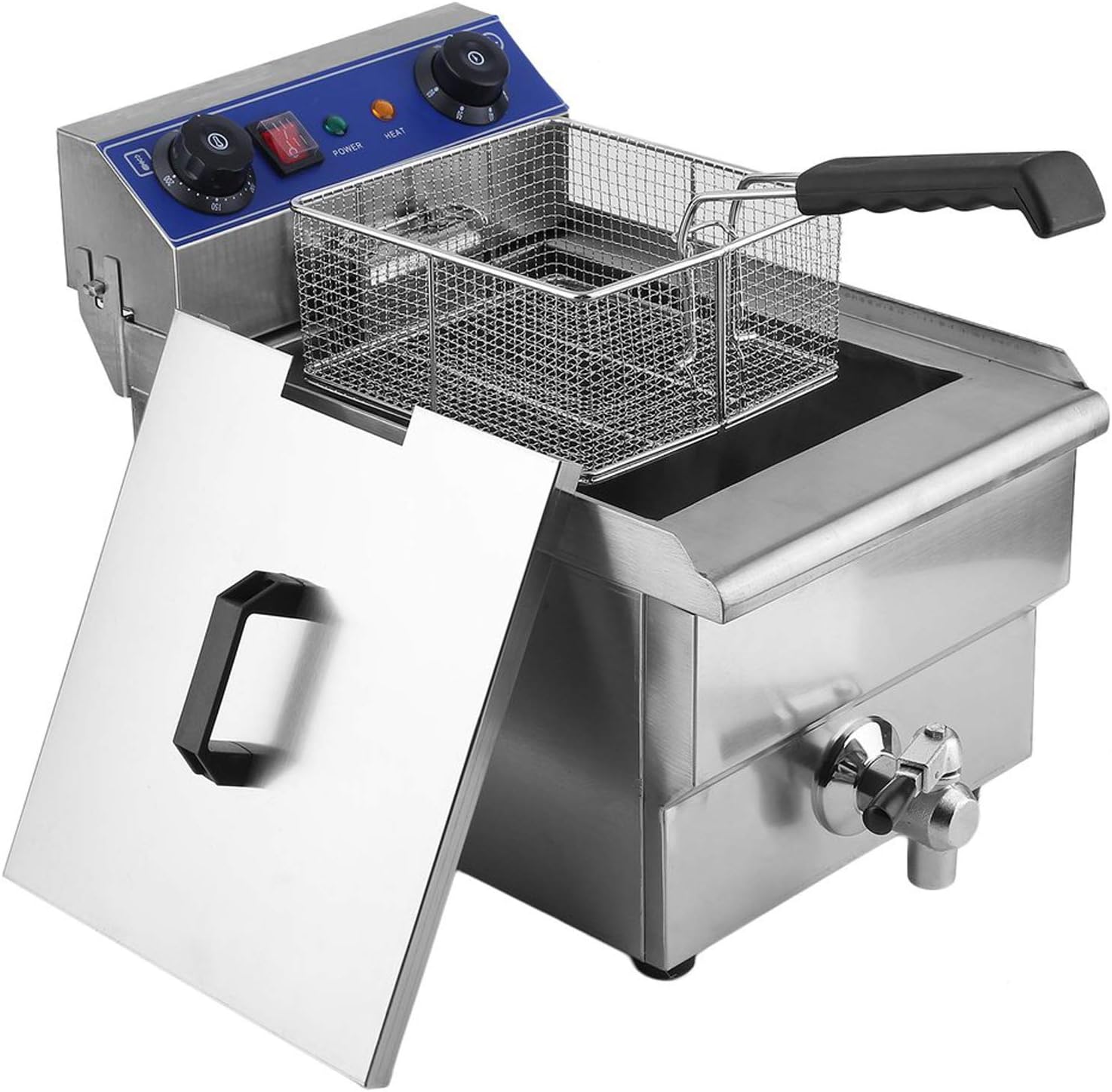 Electric Fryer with Basket,electric fryer,Oil Thermostat,13L 1.65KW Temperature Control Timing Stainless Steel Single Container Commercial Restaurant Electric Deep Fryer US Plug