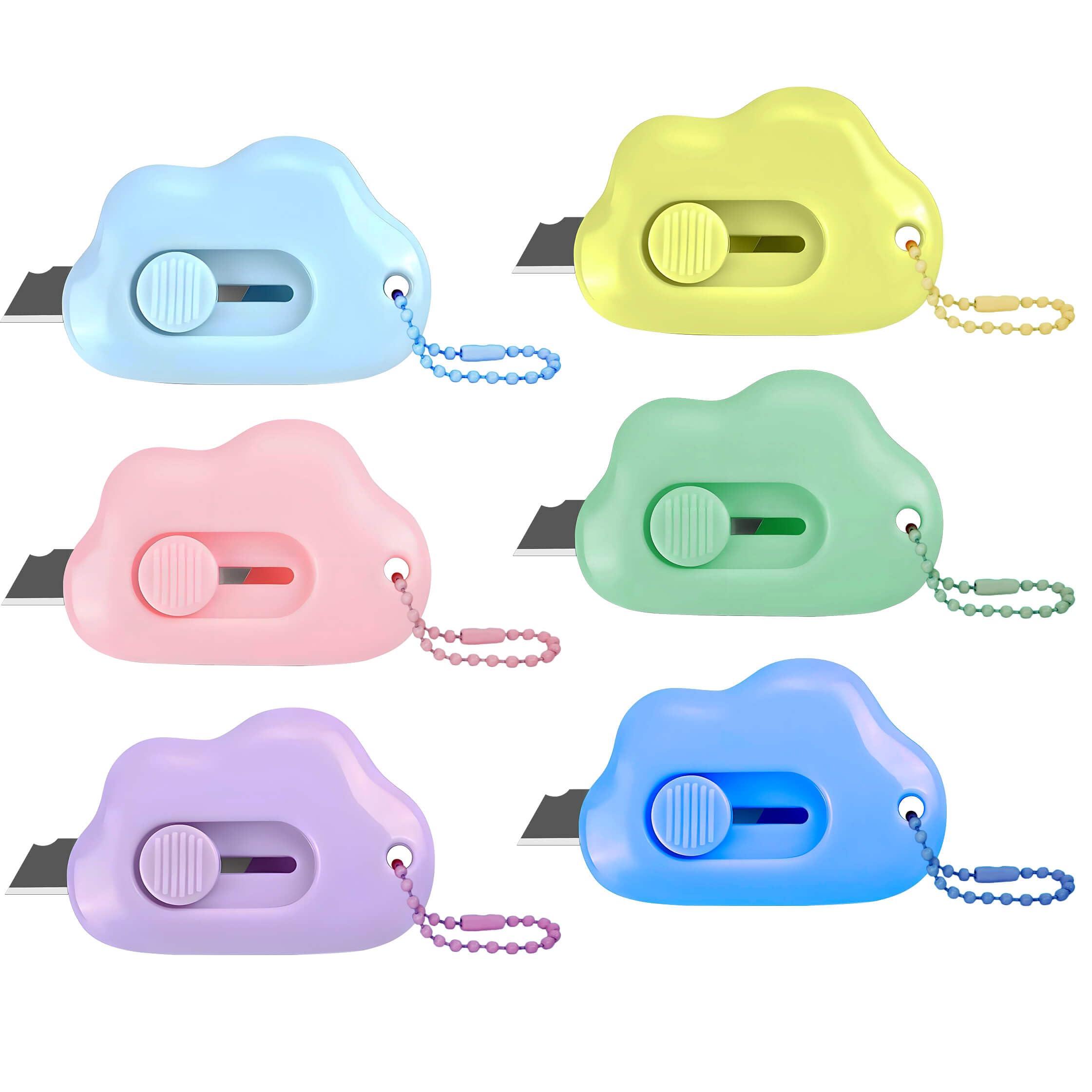 Photo 1 of Muclip Cloud Shaped Retractable Box Cutter Set - 6 Pack with Key Rings,Stainless Steel Blade,Safe & Portable Letter Opener for Envelopes,Package,Mail,DIY,Paper Cutter for Home,Office,Outdoor (6 Color)