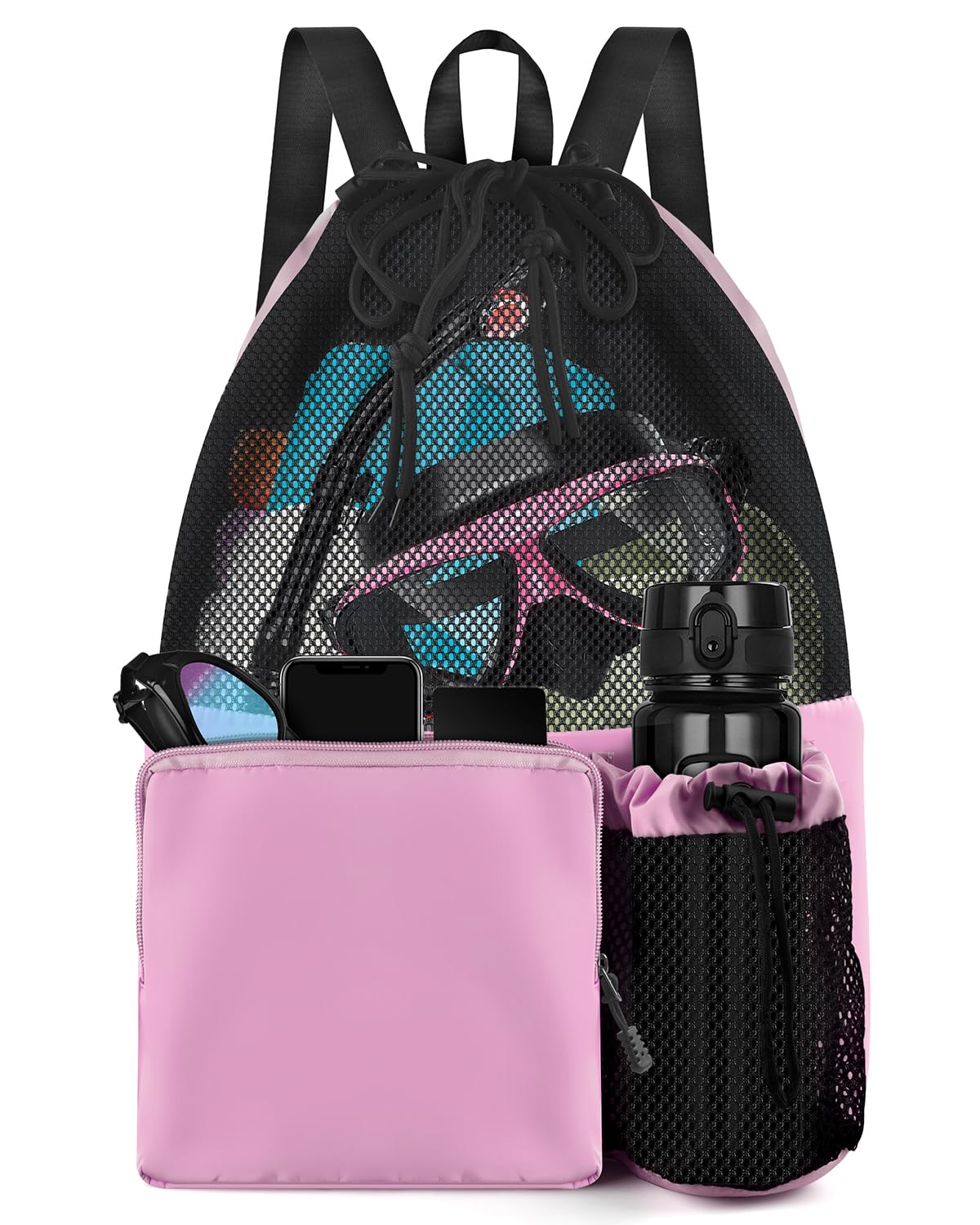 BROTOU Drawstring Mesh Swimming Bag, 30 Litre Water Sports Backpack with Wet/Dry Pocket, Multifunctional Sports Bag for Kids, Adults, Swimming, Surfing, Beach, Travel (C, Pink)